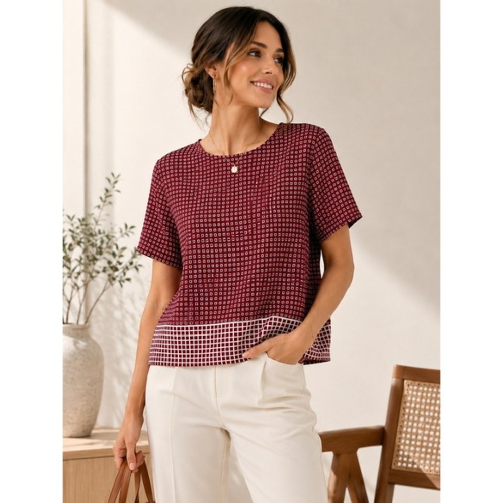 Madewell 100% Silk Bow‎ Back Geometric Blouse Burgundy XS